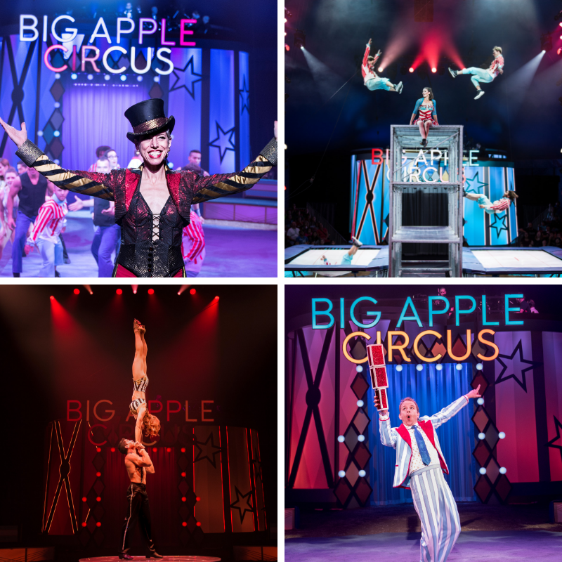 Pictured top left to bottom right: Ring Master Stephanie Monseu, Spicy Circus Trampoline Act, Duo Fusion, and Adam Kuchler in BIG APPLE CIRCUS Photo credits Juliana Crawford